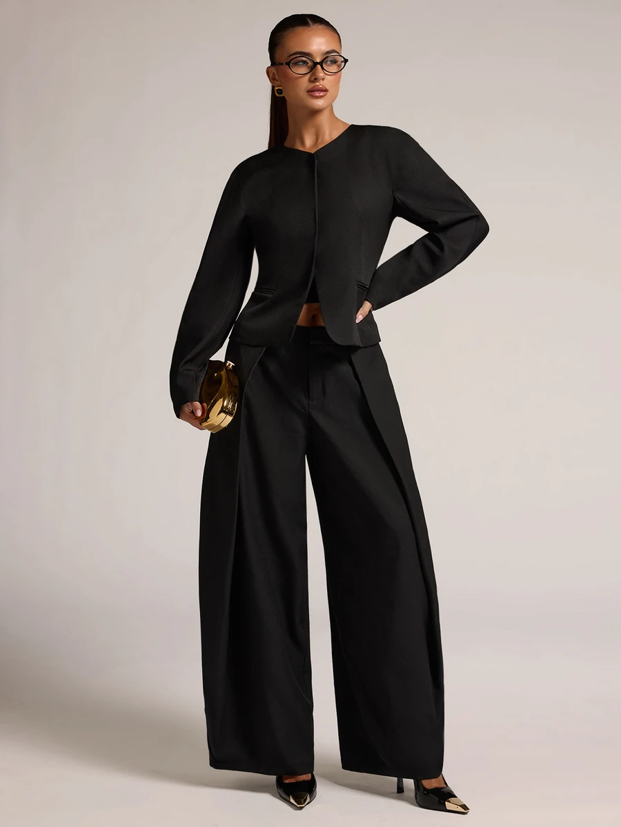 SHEIN BAE طقم بليزر وبنطلون نسائي بتصميم بسيط وعملي، مناسب للملابس اليومية وملابس المكتب والتجمعات الاجتماعية - الأسود - مشاهدة 1