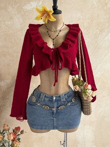 Soleia Áo len nữ bèo nhún màu đỏ cho Giáng sinh, Lễ Tạ ơn và Năm mới, áo len dự tiệc mùa thu đông - Đỏ - Xem 4