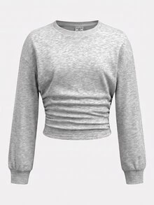 SHEIN Sweatshirt Pullover Abu-abu untuk Remaja Perempuan dengan Pinggang Berkerut, Gaya Kasual Longgar dan Serbaguna, Lapisan Bulu, Cocok untuk Musim Kembali ke Sekolah, Koleksi Terbaru Musim Gugur - Light Grey - View 5