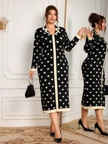 Modelyn Plus Size Women's Heart Pattern Single-Breasted Long Sleeve Slim Fit Elegant Knit Dress - Black - View 5