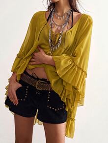 Bohemela Casual Solid Color Woven Ruffle Trim Oversized Women's Blouse - Yellow - View 3