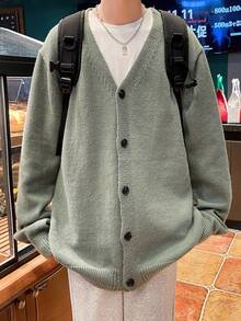 Claim Dot 男士素色休閒百搭日常穿搭開襟毛衣 - 軍綠色 - 查看 4