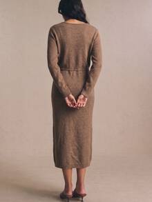 Linhara CURVE Slouchy Cinched Waist Knit Dress, Round Neck Long Sleeve Midi Length Sweater Dress - Brown - View 2