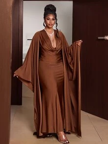 Maweii Gaun Duyung Bodycon Pas Badan Warna Cokelat Ukuran Plus dengan Kerah Model Cowl dan Selendang Panjang yang Serasi, Set 2 Potongan, Gaun Malam Ukuran Plus - Coklat - View 6