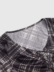 Sweetness Women's Autumn/Winter Plaid Mesh Print Waist-Cinching Square Neck Flare Sleeve Top - Multicolor - View 3