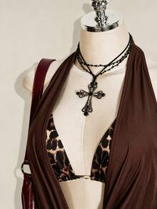 SHEIN ICON 女款大尺碼復古性感時尚個性休閒 Y2K 千禧風都市現代大膽前衛黑色細肩帶背心上衣 豹紋綁帶式內衣 2 件組背心背心上衣 - 咖啡棕 - 查看 5
