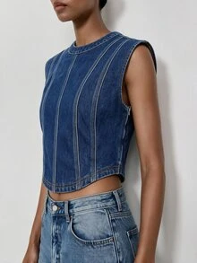 Maija Women's Crew Neck Cropped Casual Denim Top - Blue - View 5