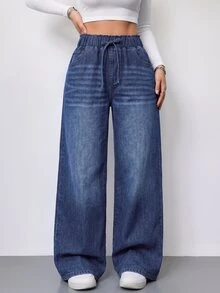 SHEIN Tall Women's Drawstring Waist Pocket Casual Daily Travel Jeans - Dark Wash - View 6
