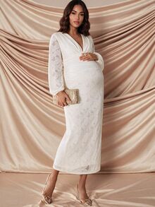 MaterniChic Maternity V-Neck Floral Print Casual Party Summer Dress - Apricot - View 1