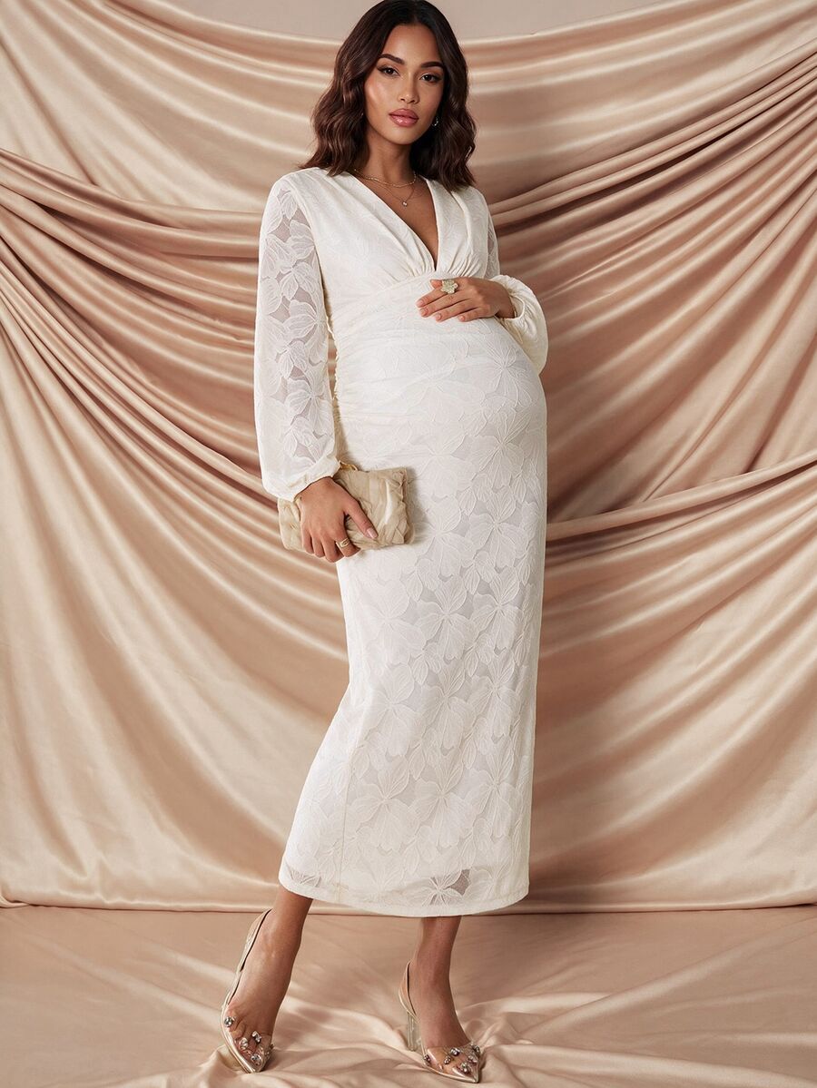 MaterniChic Maternity V-Neck Floral Print Casual Party Summer Dress - Apricot - View 1