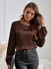 EMERY ROSE Women's Elegant Commuter Style Round Neck Long Sleeve Shirt - Brown - View 5