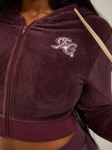 SHEIN BAE Jaket Pendek Atasan Halloween Motif Huruf Bordir Rhinestone, Celana Panjang Berkerudung Lengan Panjang Beludru Warna Ungu Tua Musim Gugur/Dingin - Red Violet - View 2