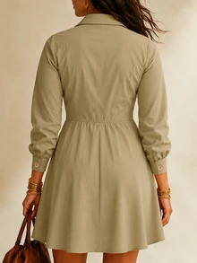 Weeklong Women's Plus Size Casual Commute Elegant Party Khaki Color Lapel Long Sleeve Elastic Waist Design Short Dress Suitable For Spring And Autumn Wear Fall - Khaki - View 2