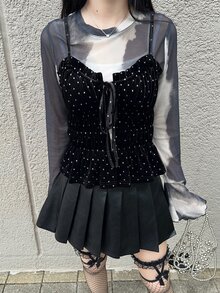 FRIFUL Women's Polka Dot Pleated Casual 90s Inspired Y2k Versatile Daily Wear Camisole Top Going Out Black And White Polka Dot Summer - Black - View 6