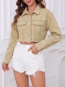 SHEIN ICON 女款單排扣休閒牛仔外套，適合日常穿著 - 卡其色 - 查看 5
