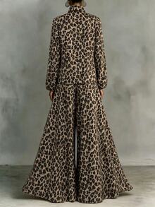 SHEIN Women's Fall/ Casual Elegant Commute Outfit Leopard Print Long Sleeve Loose Blouse + Voluminous Wide Leg Long Pants Dinner Everyday Beige - Brown - View 2