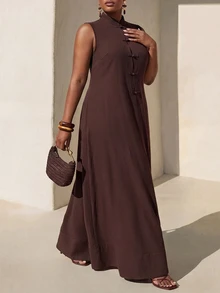 Zivah Plus Size Elegant Fashion Frog Button Dress Street Style - Brown - View 1