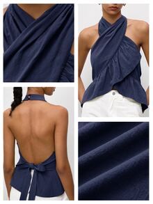 Maija Olive Green Halter Neck Criss-Cross Ruffle Backless Women's Top Urban Summer - Navy Blue - View 9