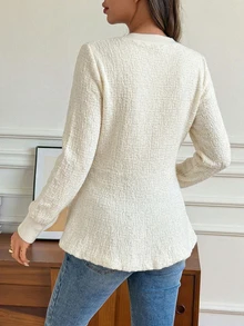 DAZY Solid Color Fitted Long Sleeve C-Neck Elegant Vacation Korean Style Autumn/Winter Knit Cardigan For Pregnant Women - Beige - View 5