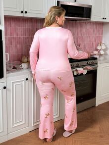 Plus Size Women Sweet Cute Bow & Deer Print Knit Fabric Long Sleeve Long Pants Pajama Set - Pink - View 2