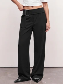 Avantive Women's Waist Buckle Design Straight Leg Loose Fit Long Pants Office Work Business Black Fall Casual - Black - View 6