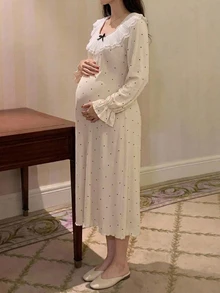 DAZY Polka Dot Patchwork Ruffle Trim Loose Long Sleeve Casual Daily Home Wear Spring Autumn Long Dress Maternity Dress - Apricot - View 5