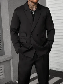 Manfinity Mode 男士純色雙排扣長袖夾克與長褲休閒優雅通勤西裝套裝 - 黑色 - 查看 8
