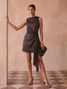Zivah Women's Solid Color Waist Knot Elegant Sleeveless Short Dress - Brown - View 1