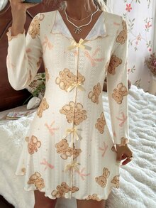CottageSlumber Cartoon All-Over Print Bear Nightgown, Collared Bow Frill Trim Long Sleeve Loungewear Maxi Dress - Beige - View 4