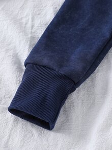 SHEIN 青少年女孩復古水洗印花連帽運動套裝，短版拉鍊連帽外套 + 喇叭褲，休閒兩件式套裝，適合春季、秋季、冬季 - 寶藍色 - 查看 6