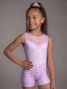 女童運動服 無袖舞蹈健身操 7歲生日體操連身衣短褲 透網水鑽 紫色箔面表演服 秋季 - 紫色 - 查看 5