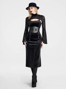 Breakform Gothic Dark Style Slimming Black Velvet Spaghetti Strap Dress - Black - View 7