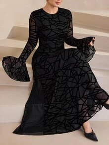 Graceveil Black Flocked Abstract Mesh Round Neck Button-Up Flare Sleeve Elegant High-End Long Dress - Black - View 1