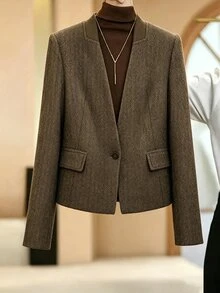 SHEIN Franclia Women Blazer Slim Fit Structured Shoulder Woolen Textured Knit Collar Single Breasted Old Money Brown Geometric Fall Clothes For Women - Coffee Brown - View 3