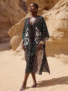 Zivah New Elegant Women's Multi-Color New Chinese Style Pattern Printed Square Scarf Style Tie-Front Bohemian Vacation Robe Long Cover-Up, Suitable For Multiple Occasions, Elegant Women's Beach Vacation Versatile - Multicolor - View 4