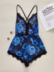 SilkySpell Women's Sexy Floral Print Lace Patchwork One-Piece Pajamas - Navy Blue - View 1