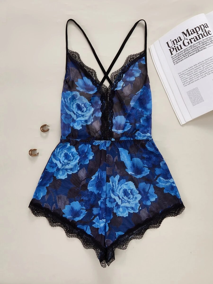 SilkySpell Women's Sexy Floral Print Lace Patchwork One-Piece Pajamas - Navy Blue - View 1