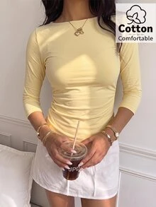 SHEIN EZwear 女款休閒性感奶油黃修身七分袖T恤，棉混紡面料，秋季風格，日常街頭穿搭，通勤、外出、約會、派對，奶油黃，秋季上衣，適合日常通勤、派對、秋冬春夏、聖誕節、新年、感恩節、婚禮、海灘、畢業典禮等場合，優雅百搭 - 淡黃色 - 查看 6