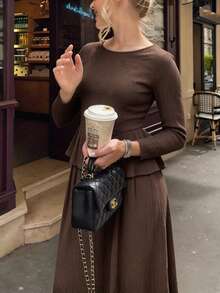 Modelyn 2pcs/Set Textured Elastic Knit Plus Size Women Elegant Long Sleeve Top And A-Line Elastic Waist Skirt, Suitable For Autumn/Winter Date And Casual Occasions - Brown - View 6