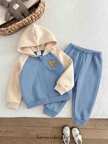Cozy Pixies Baby Boy Cartoon Bear Pattern Color Block Long Sleeve Winter Autumn Jacket Elastic Waist Long Pants 2pcs Set Thermal Lined Thick Suitable For Winter - Dusty Blue - View 6