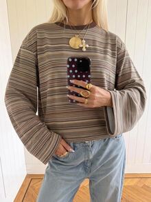 SHEIN EZwear 女款休閒寬鬆長袖T恤，秋季上衣，適合日常通勤、聚會、秋冬夏季、聖誕節、新年、感恩節、派對、婚禮、海灘、畢業典禮、優雅、外出、約會、通勤、情人節、優雅、度假、Y2K、畢業典禮及其他場合，復古條紋 - 彩色 - 查看 4