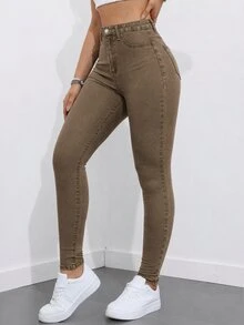 SHEIN ICON 女款休閒日常牛仔褲，附口袋與鈕扣 - 棕色 - 查看 6