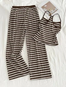 Elamini Women's Elegant Commute Casual Fashion & Versatile Striped Camisole Long Pants & 2 Pieces Set - Coffee Brown - View 2