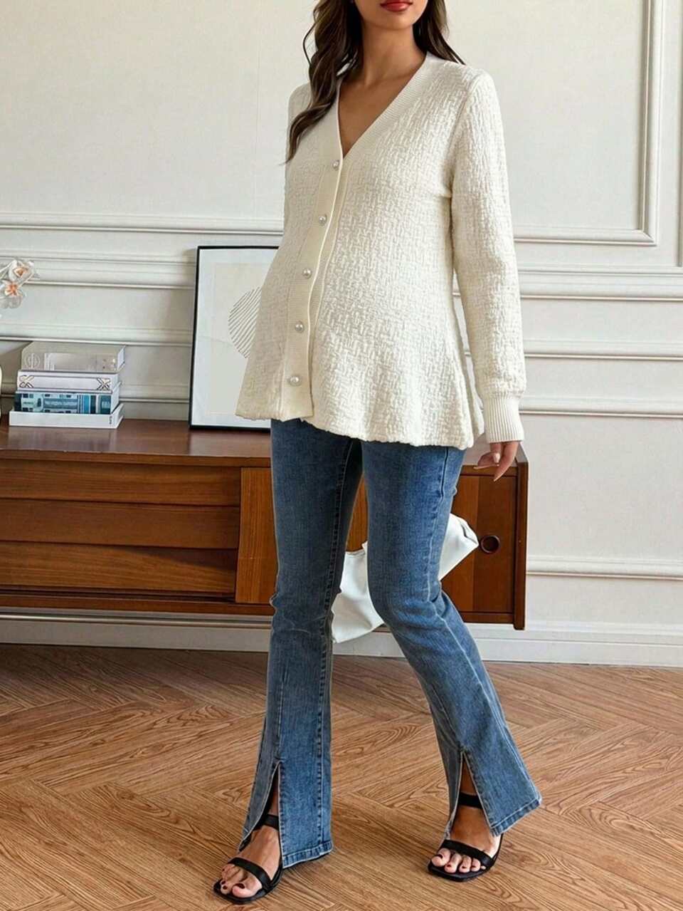 Solid Color Fitted Long Sleeve C-Neck Elegant Vacation Korean Style Autumn/Winter Knit Cardigan For Pregnant Women