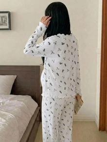 DAZY Floral Print Contrast Lace Camisole Loose Cardigan Straight Leg Pants Casual Daily Home Wear Maternity 2 Pieces Set - White - View 2