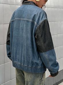 StreetHx Denim Contrast Color Motorcycle Print Baseball Jacket, Stand Collar, Front Panel Digital Positioned Print, Elastic Cuffs And Hem, Loose Fit Street Casual Flight Jacket - Multicolor - View 2