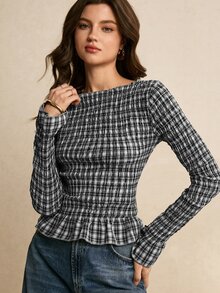 Poéselle 女款格紋圓領長袖修身時尚襯衫 - 黑與白 - 查看 6