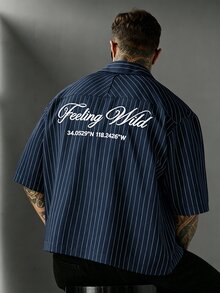 SLATEMANN 男士條紋字母印花休閒日常穿著襯衫 - 藏蓝色 - 查看 4
