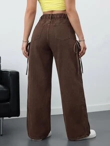 SHEIN ICON 女款休閒寬鬆蝴蝶結牛仔褲 - 棕色 - 查看 8
