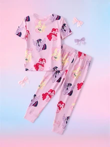 My Little Pony X SHEIN Young Girl Cartoon Print Short Sleeve Top And Leggings Loungewear Set - Pink - View 2